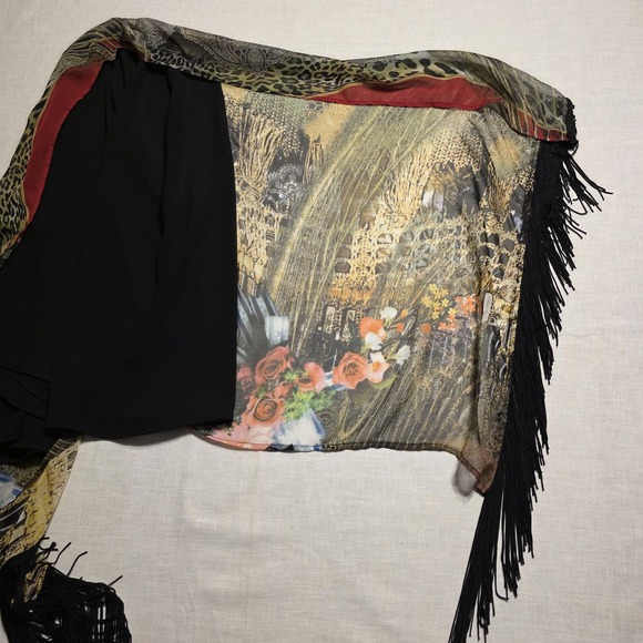 Vtg 90s Alberto Makali Kimono Cardigan Womens Small Leopard Floral Fringe Whimsi - Picture 9 of 9